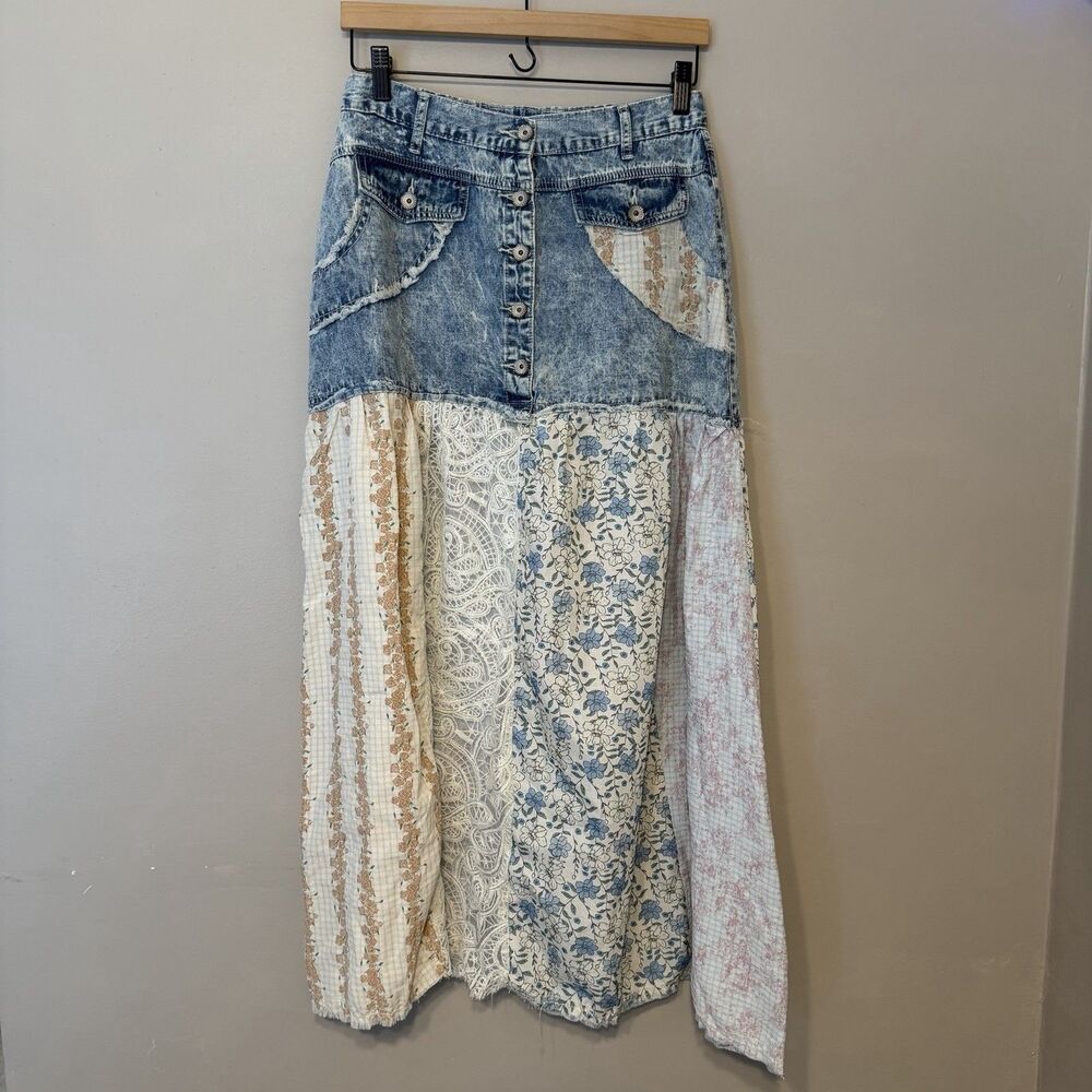 POL Denim Dreamer Patchwork Lace Floral Maxi Skirt S Cottagecore Boho Western